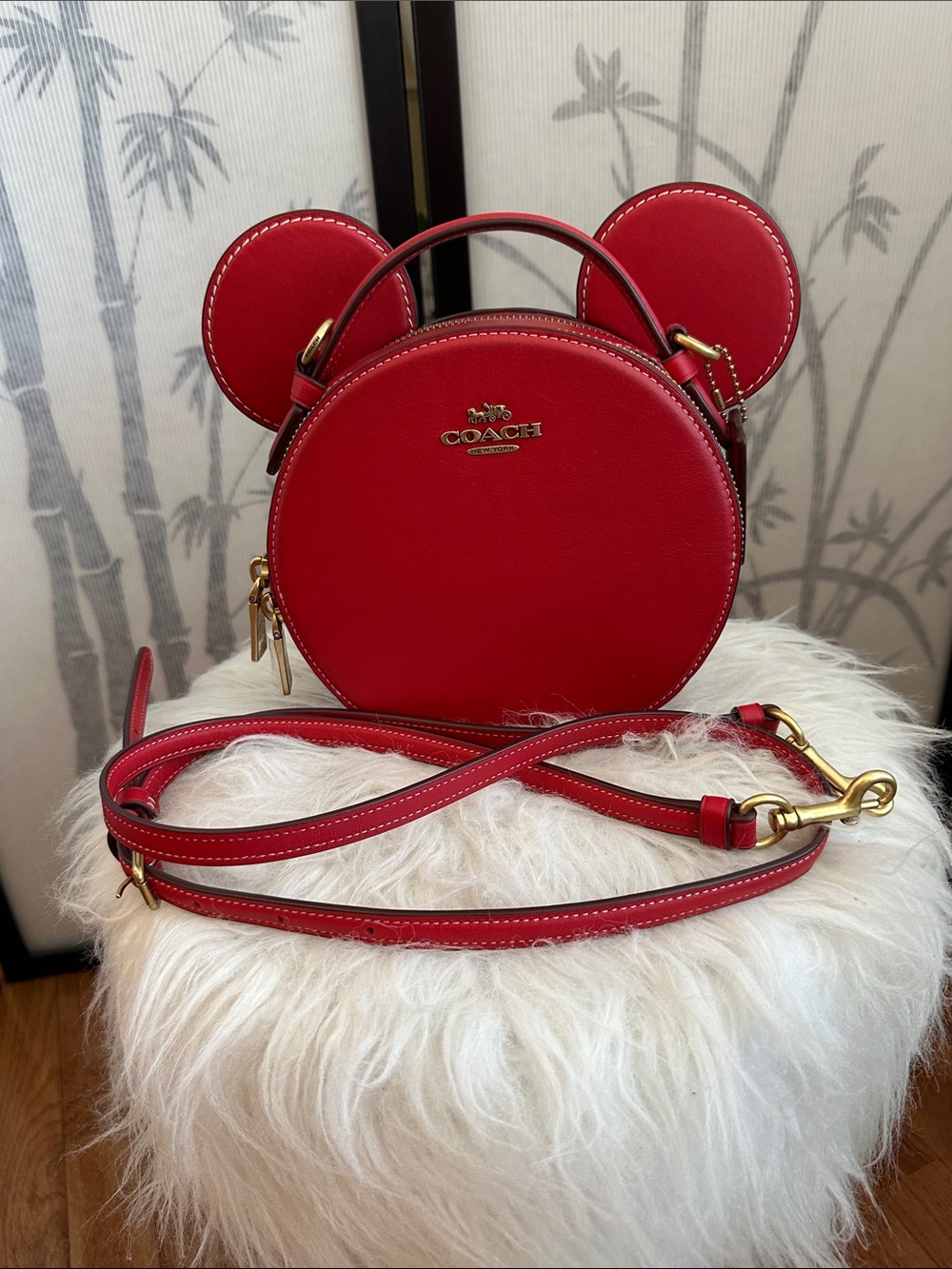 Coach Disney Red Mickey Mouse Ear Detail Crossbody Purse Bag w/Double Zip open